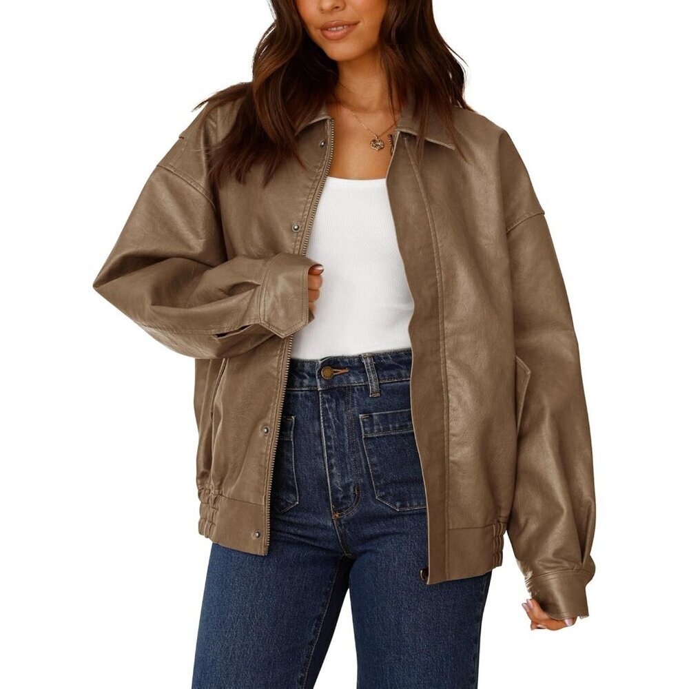 Women's Khaki Faux Leather Motorcycle Jacket Trendy Fall Spring Clothes Zip Up